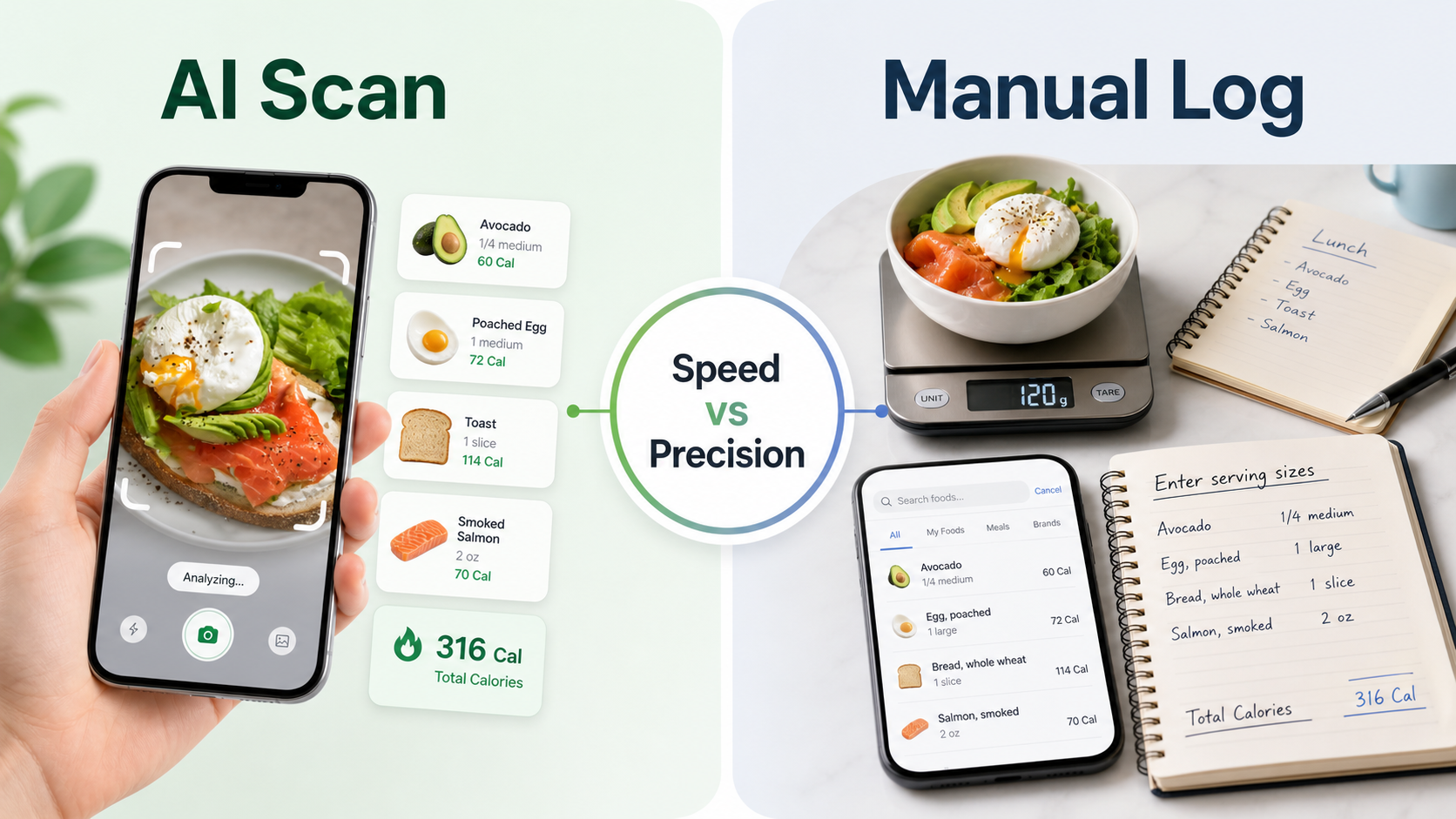 AI food scanner and manual calorie logging comparison showing speed versus precision