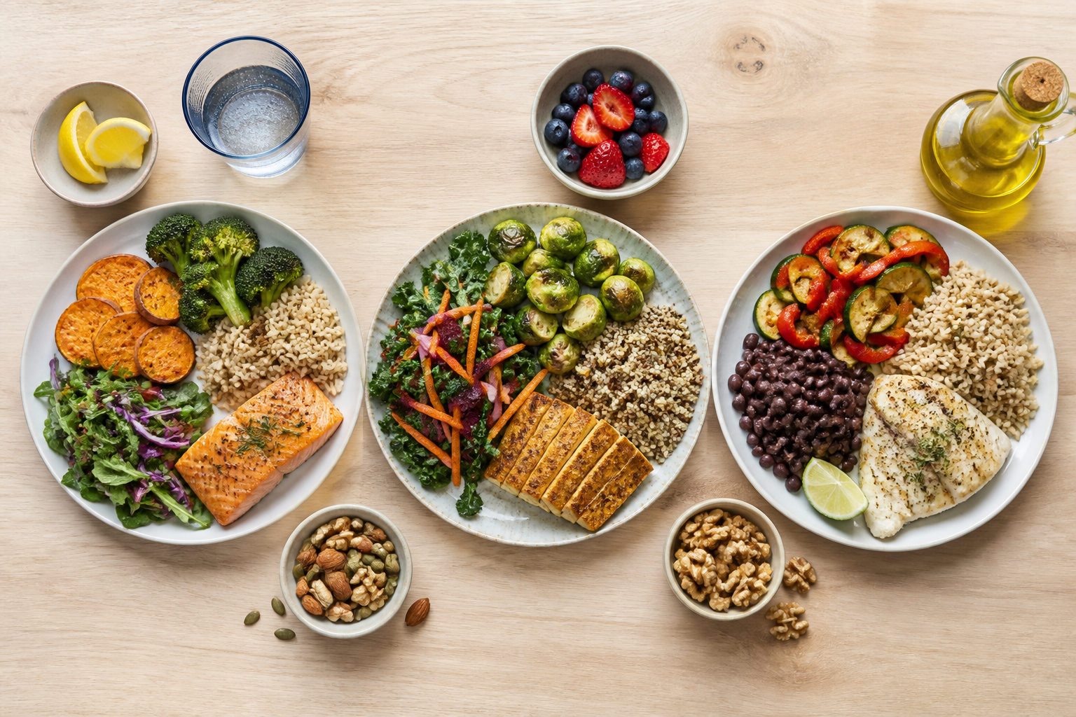 Three balanced plates showing vegetables, whole grains, beans, fish, tofu, fruit, nuts, and olive oil