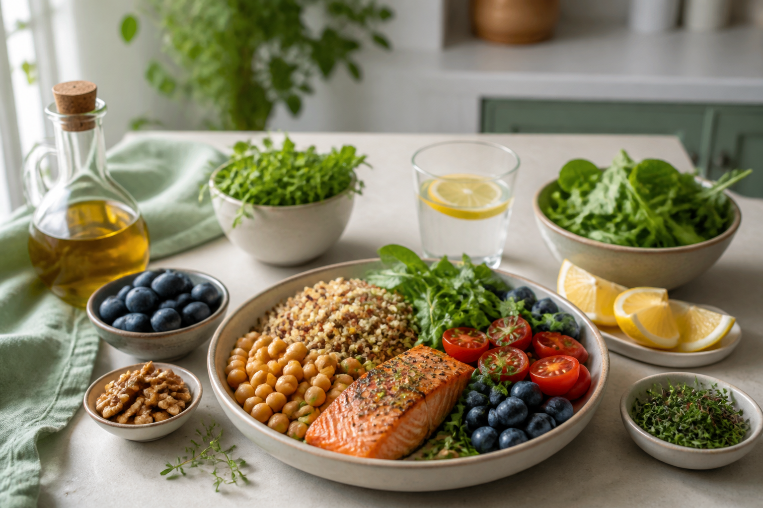 Balanced plate with salmon, chickpeas, whole grains, leafy greens, berries, walnuts, olive oil, and lemon