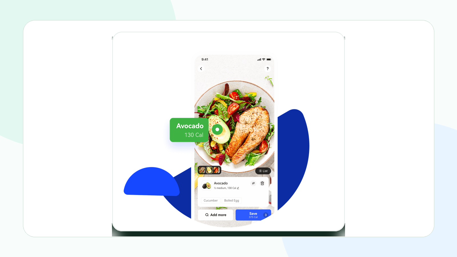 Appediet food recognition scanning a salmon salad bowl with calorie labels