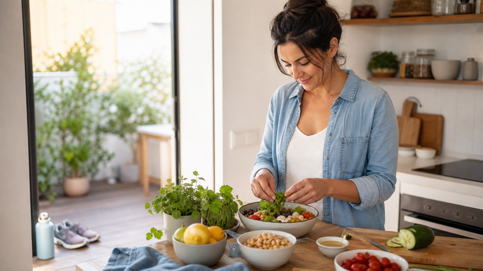 Adult preparing a balanced everyday meal in a bright kitchen with walking shoes nearby