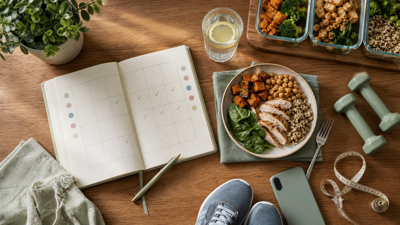 Weekly planner beside a balanced meal, walking shoes, water, and strength equipment
