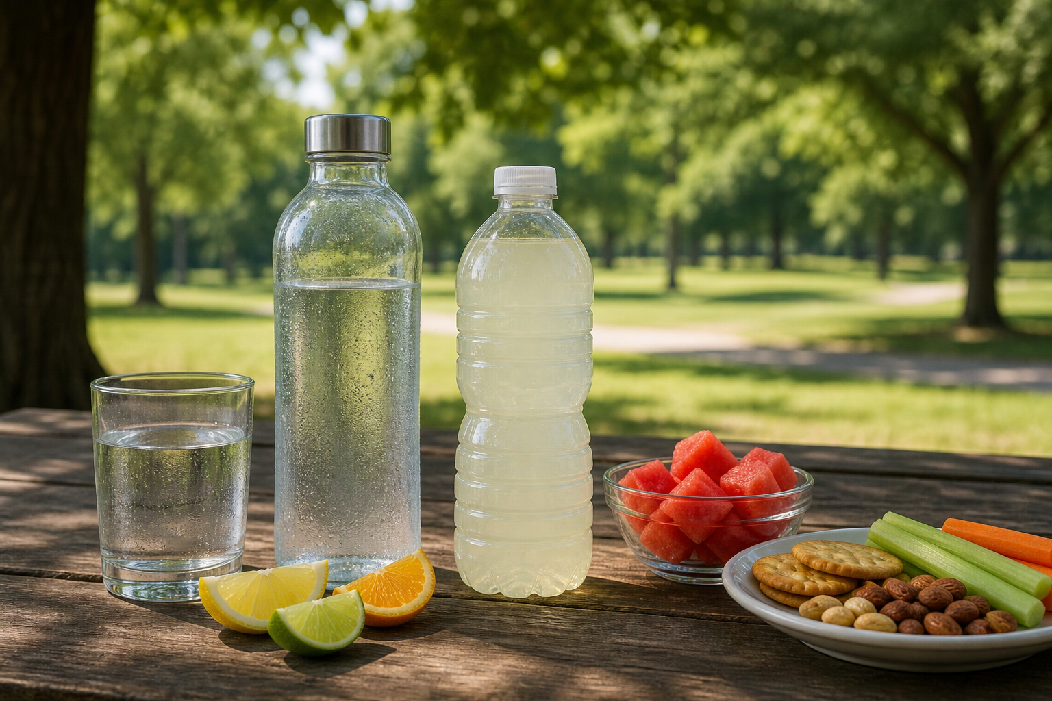Water, a pale electrolyte drink, citrus, watermelon, and a balanced snack on a shaded summer table