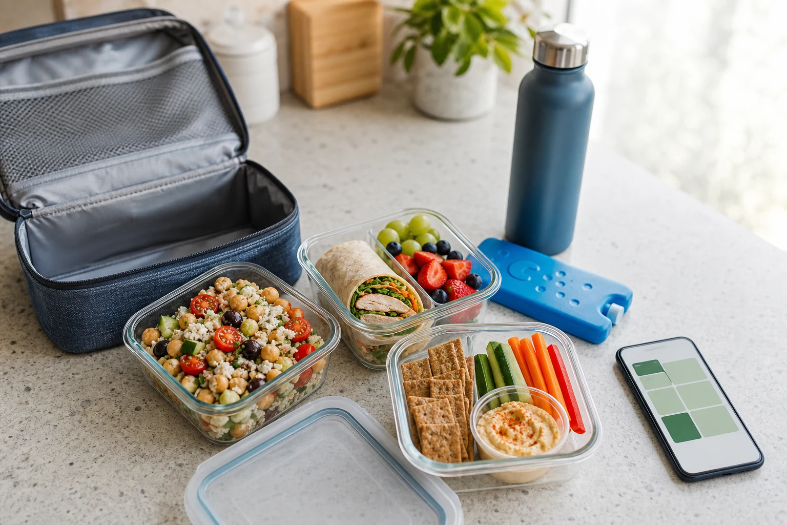 Three no-reheat meal-prep lunches with chickpea grain salad, chicken wrap, fruit, hummus, vegetables, crackers, an insulated bag, ice pack, and phone