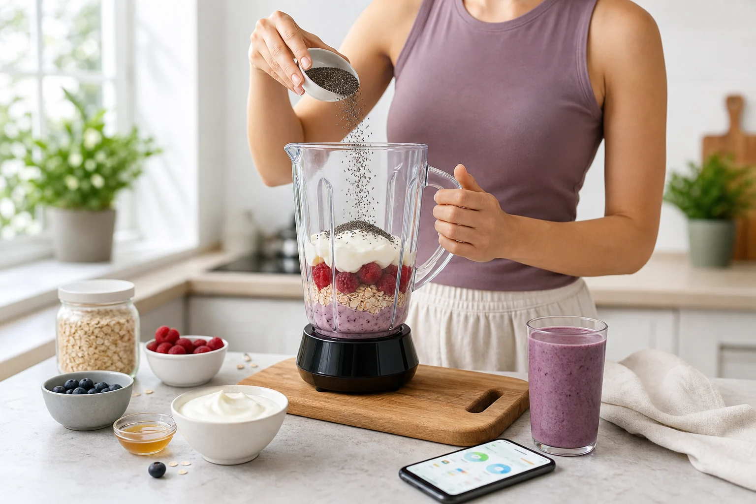 Adult adding chia seeds to a berry smoothie beside a nutrition tracking phone