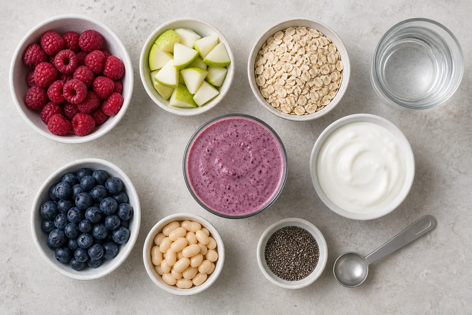 Top-down arrangement of berries, pear, oats, chia, beans, yogurt, water, and a finished smoothie