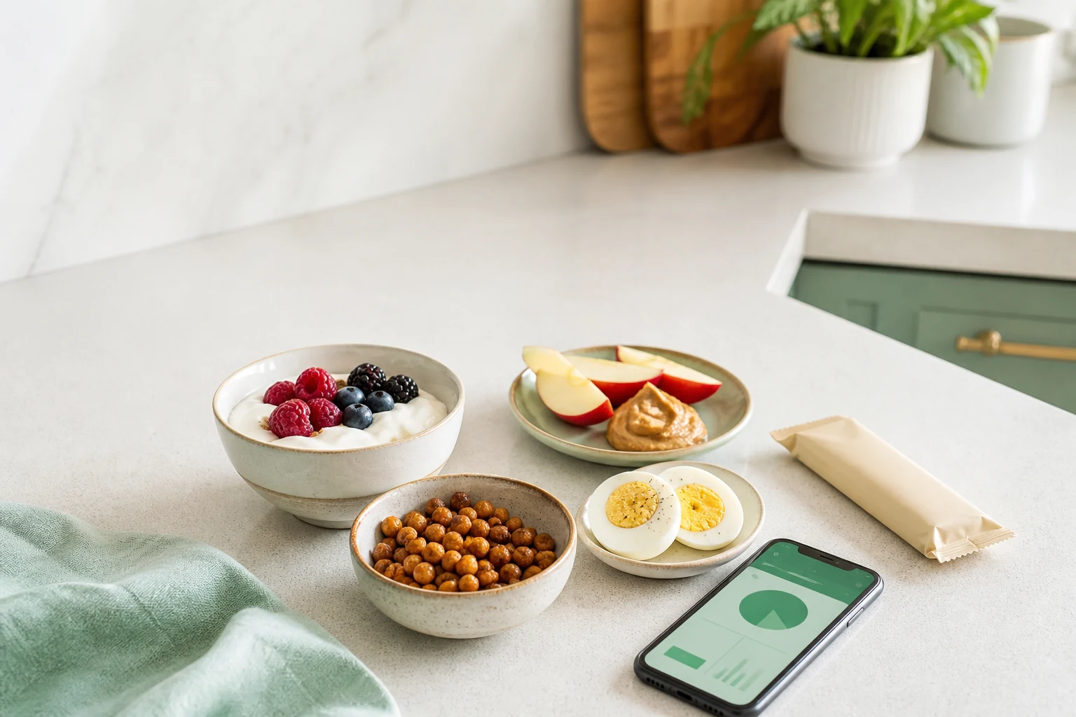 Greek yogurt, roasted chickpeas, eggs, fruit with peanut butter, and a generic packaged snack beside a nutrition tracking phone