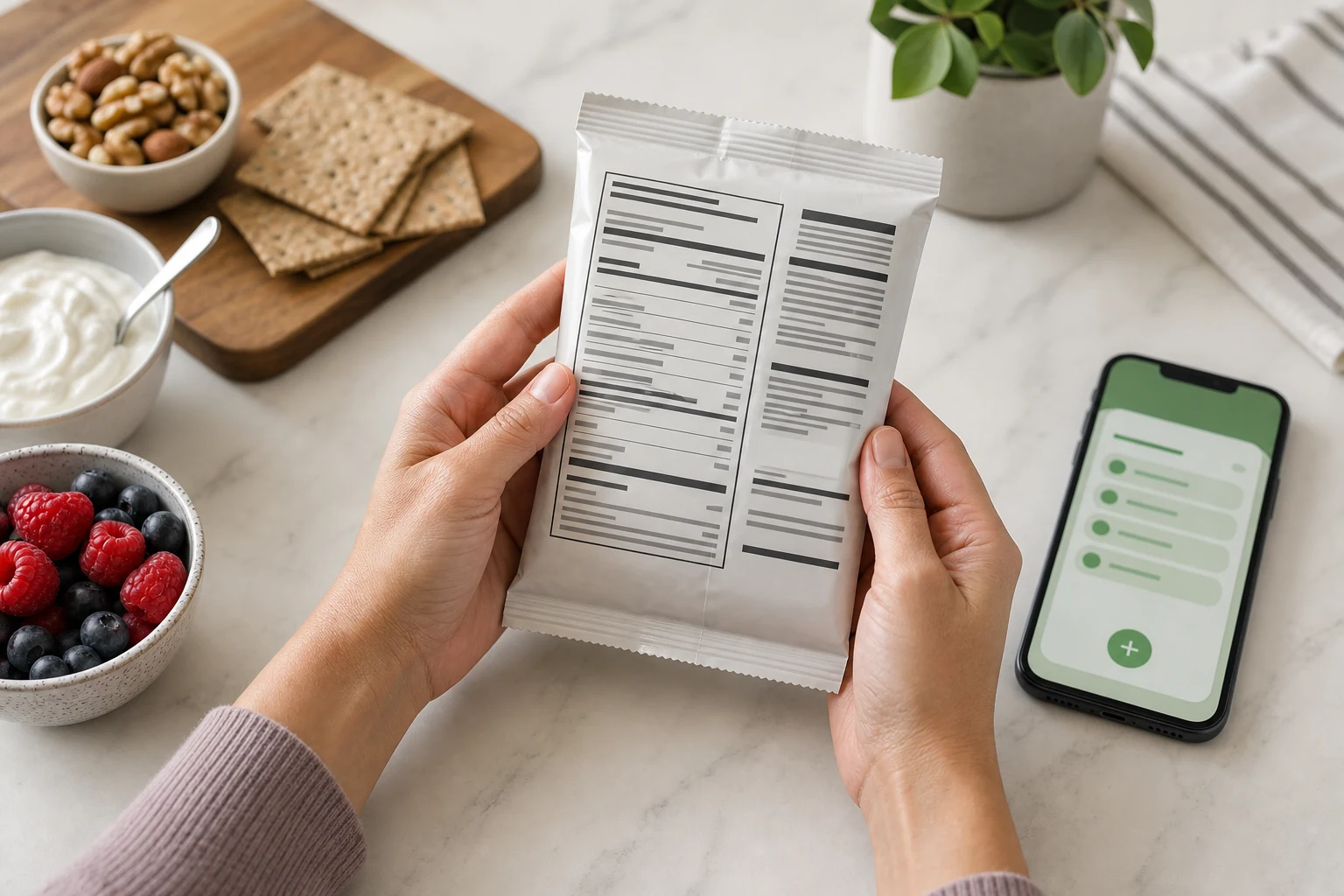 Person holding a generic snack package to compare an abstract nutrition label beside yogurt, berries, nuts, crackers, and a food logging phone