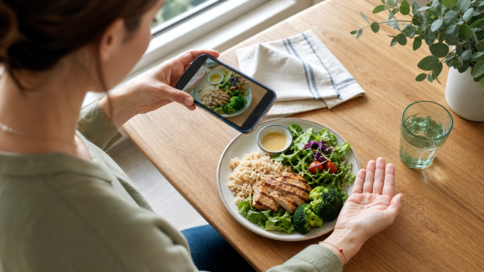 Person photographing a balanced meal while using a hand as a rough portion reference