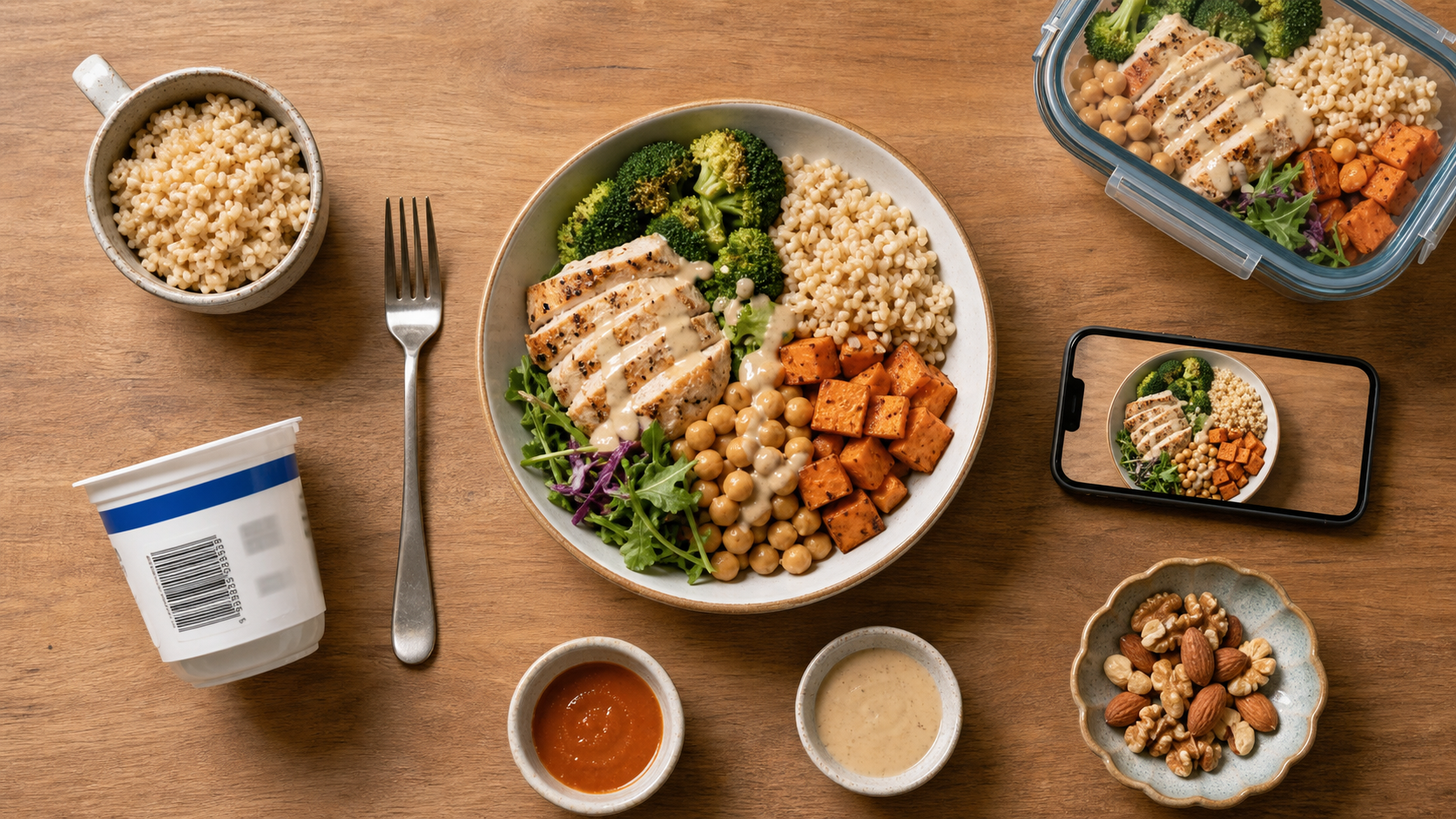 Overhead meal-estimation workflow with a meal photo, portion references, label information, and saved repeat meal