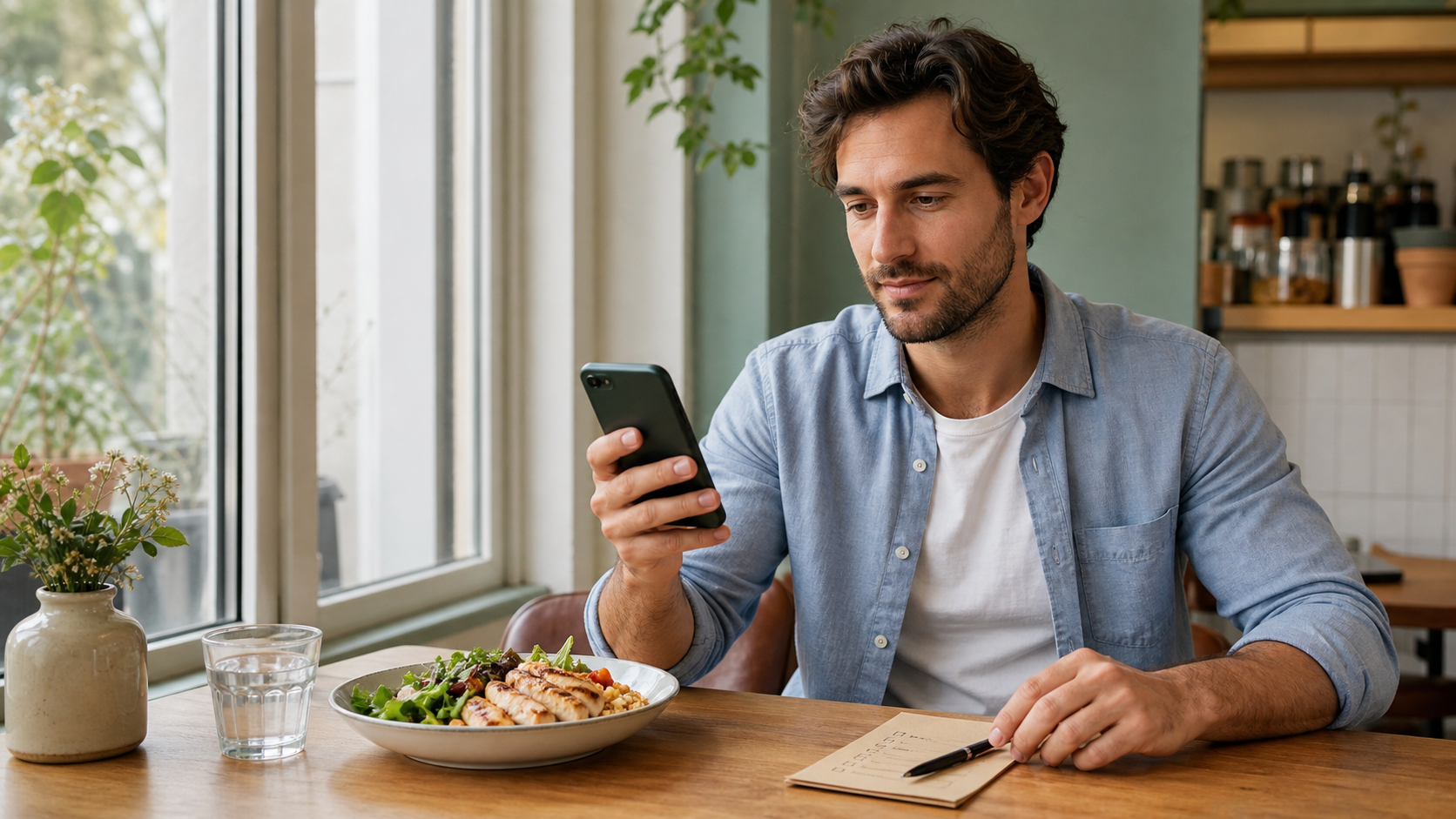 Person calmly reviewing a meal-tracking choice at a café table