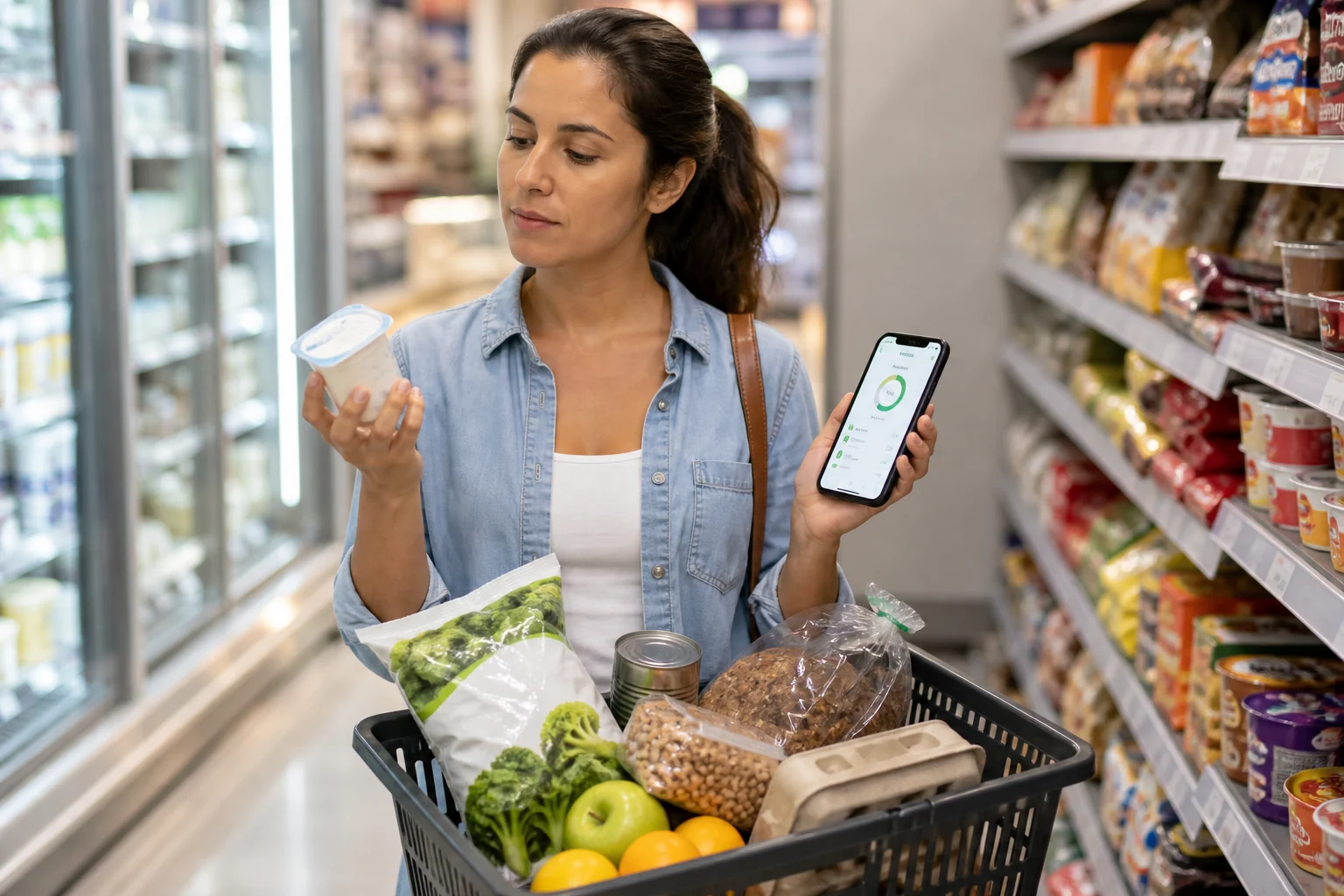 Shopper comparing yogurt and a food tracking phone with a basket of convenient whole foods