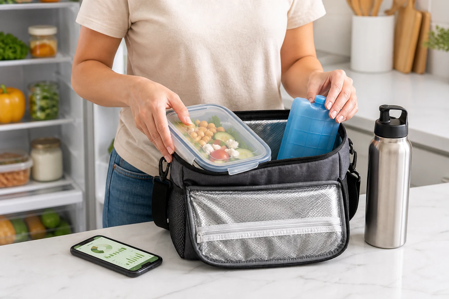 Person with natural hands packing a sealed chilled lunch container and ice pack into an insulated bag beside a water bottle and meal tracking phone