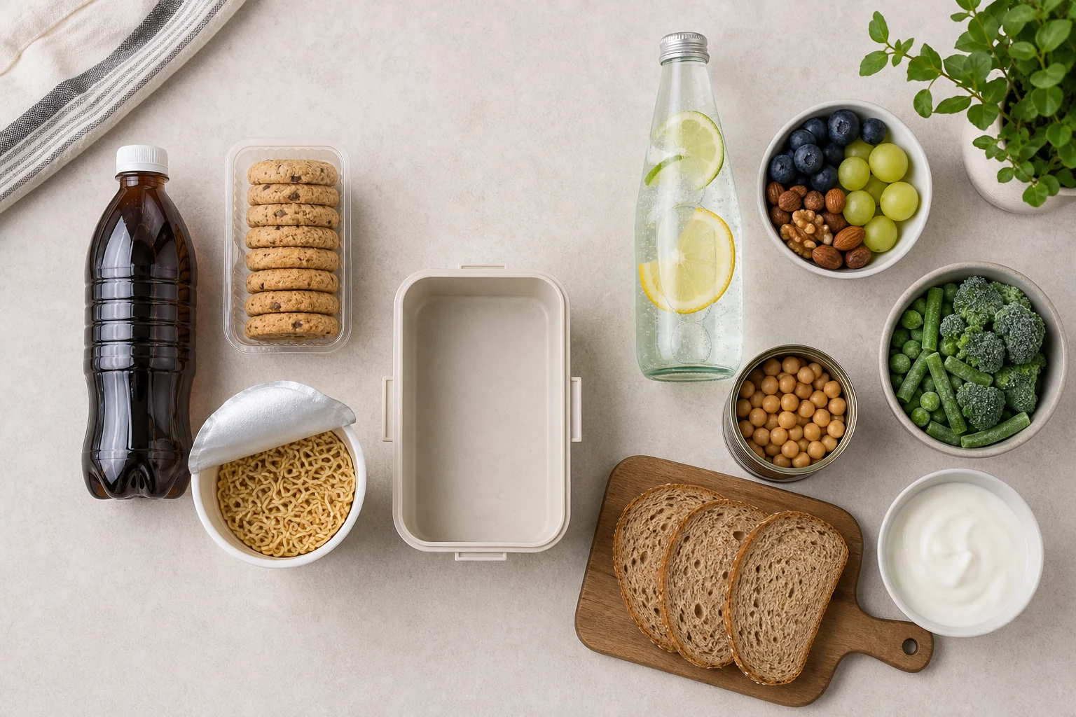 Top-down comparison of packaged snacks and simple convenient foods such as fruit, nuts, beans, frozen vegetables, bread, and yogurt