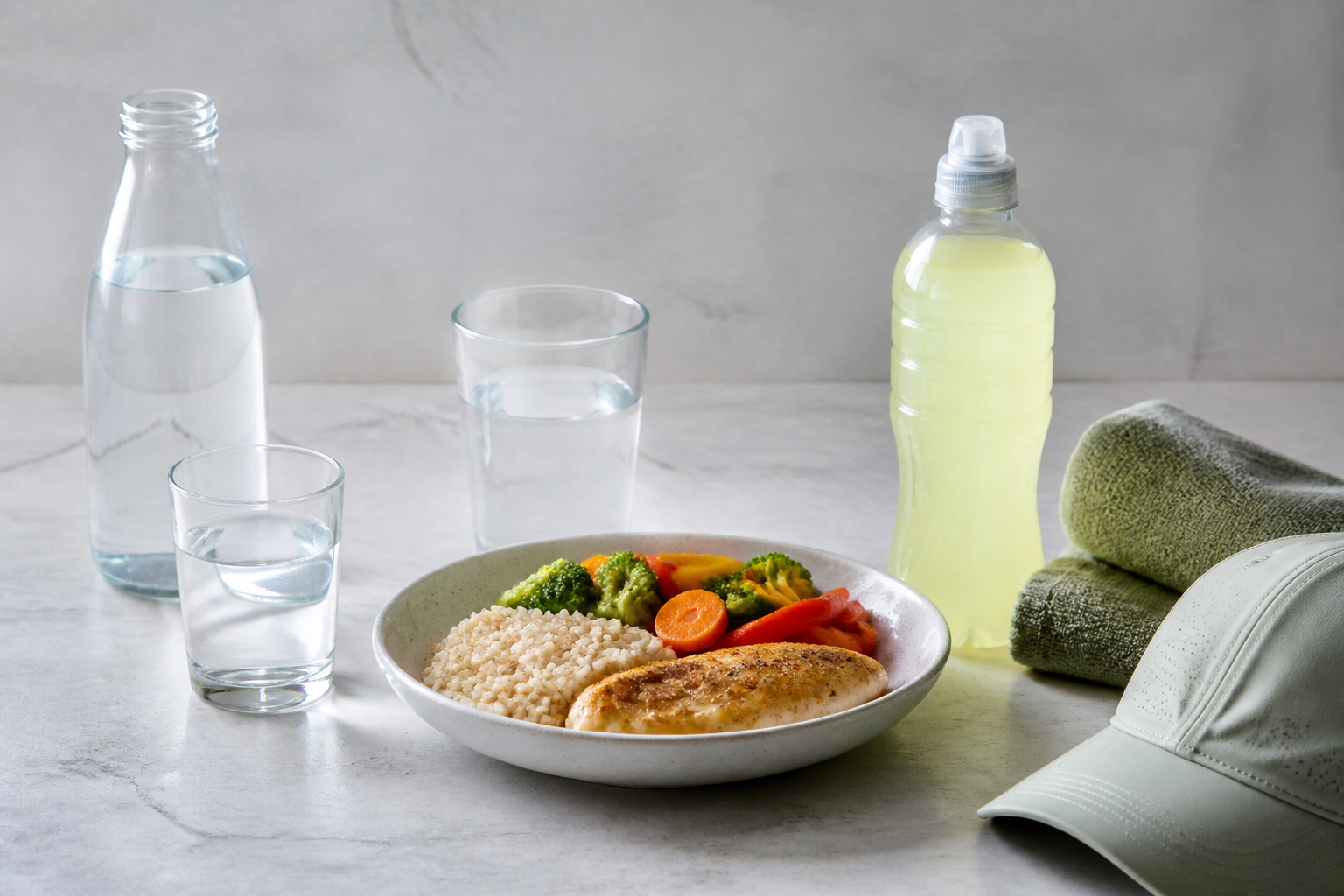 Plain water, a balanced meal with water, and a pale electrolyte drink beside a sports towel and cap