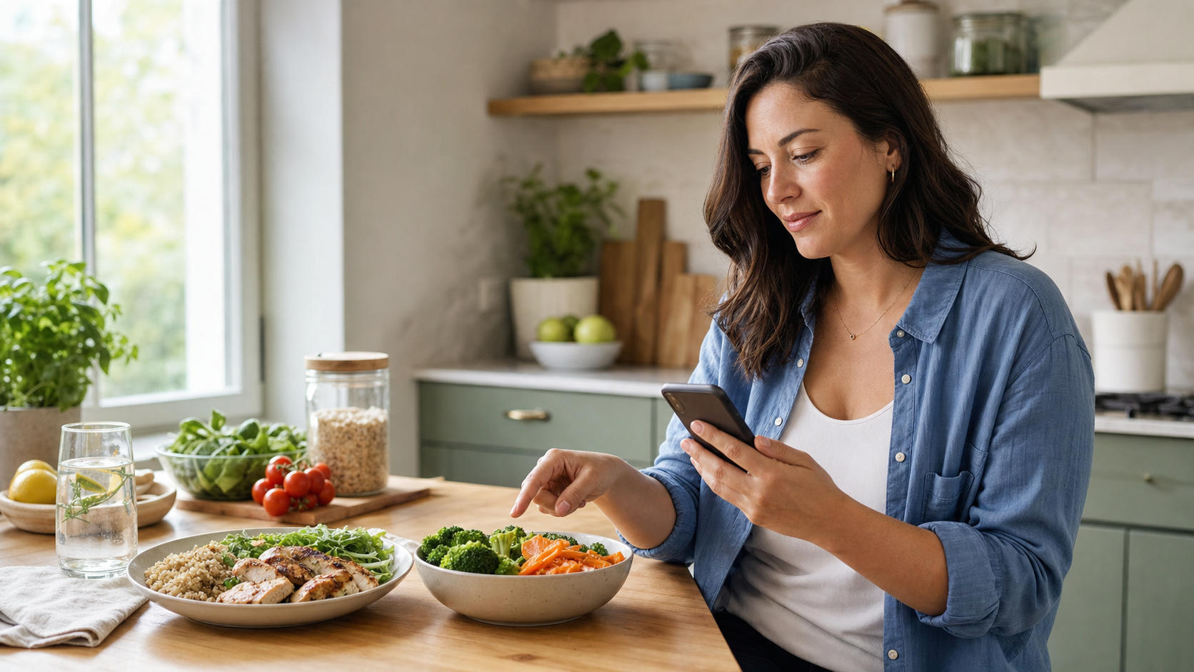 Person using a nutrition coaching app while considering a practical meal choice
