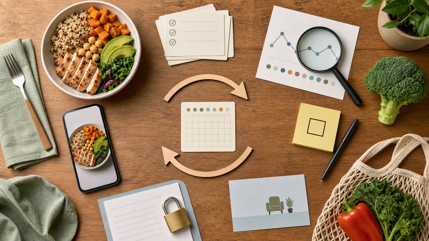 Nutrition coaching feedback loop from meal capture to pattern review, practical action, and follow-up