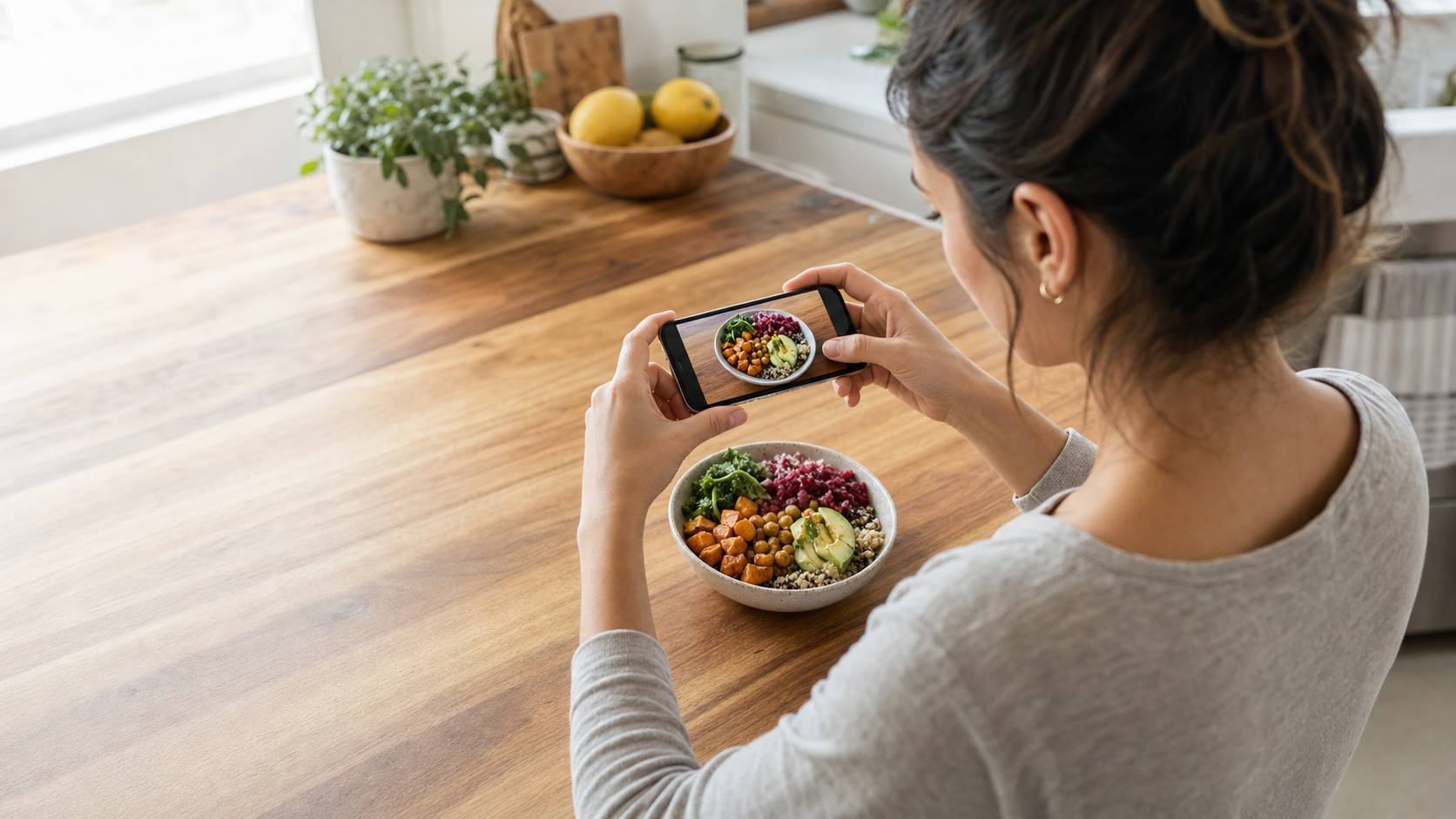 Person comparing two nutrition tracking workflows while preparing a meal